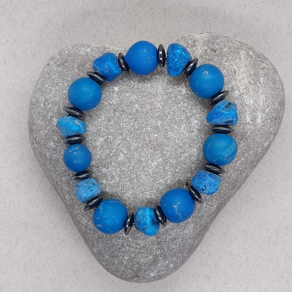 Dark turquoise and silver polymer clay bracelet