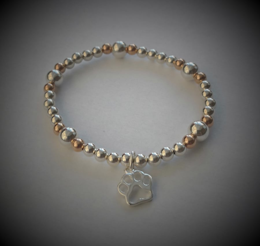 Sterling Silver and Rose Gold Pet Paw Print Beaded Bracelet