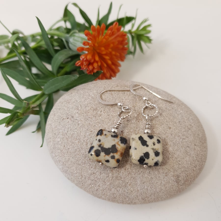 Square Dalmation Jasper & Sterling Silver  Drop Earrings 