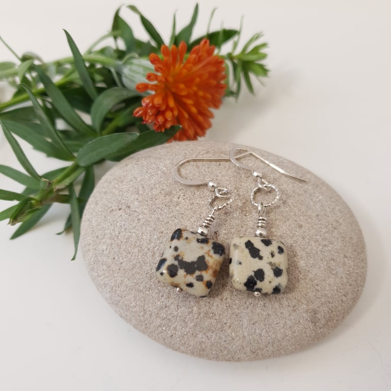 Square Dalmation Jasper & Sterling Silver  Drop Earrings 