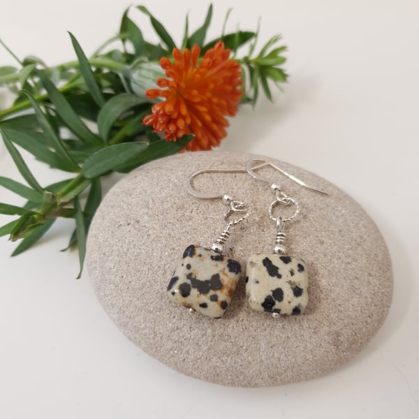 Square Dalmation Jasper & Sterling Silver  Drop Earrings 