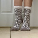 Handknit white beige wool socks floral fairisle traditional scandinavian  nordic