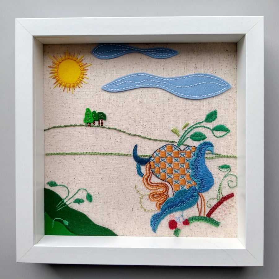 Embroidered flower and felt applique landscape picture