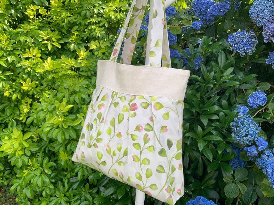 Tote Bag, Pleated Tote Bag, Linen, Hand Bag, Day Bag, Botanical