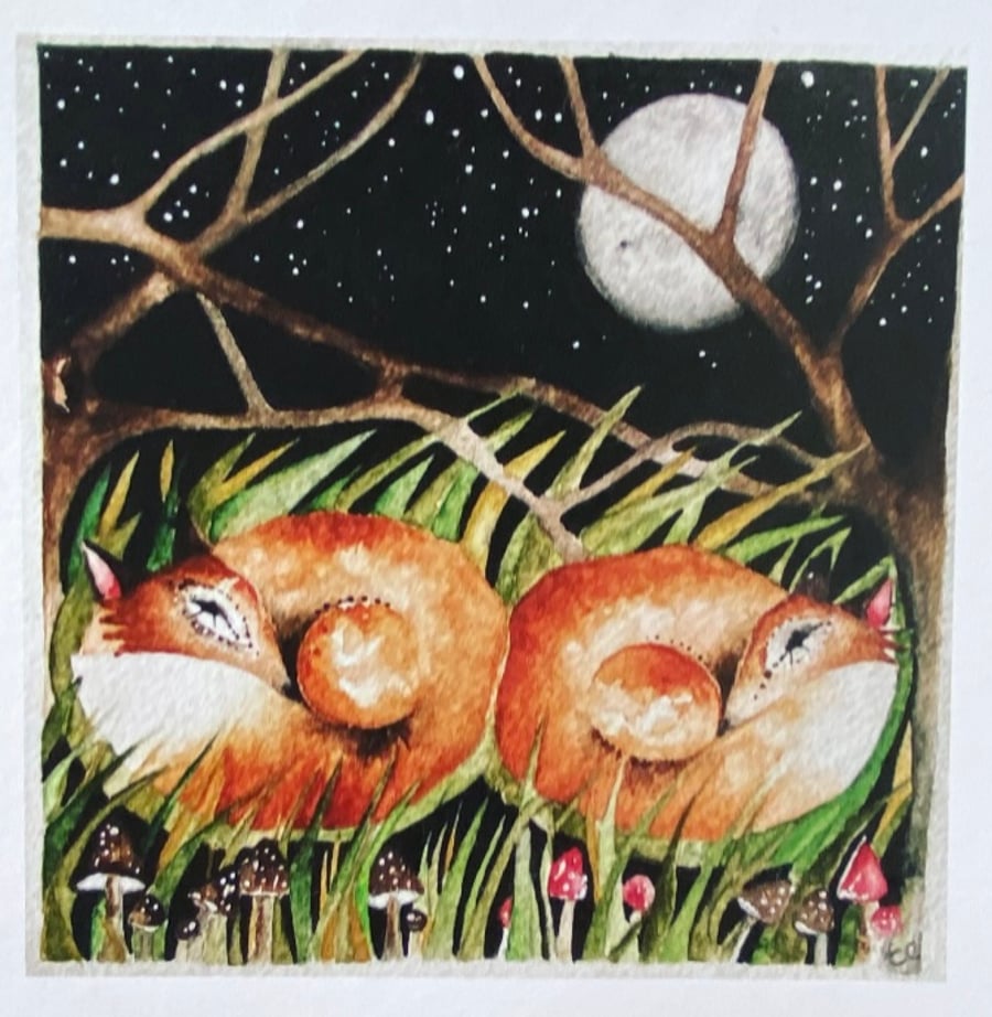 Whimsical Resting Foxes Watercolour 