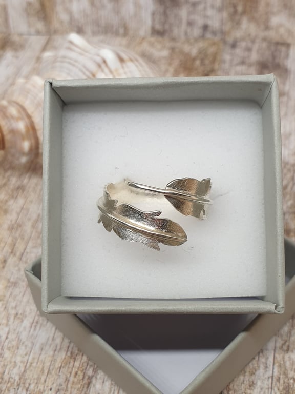 Sterling Silver 925 Unique Feather Adjustable Ring Full Hallmark