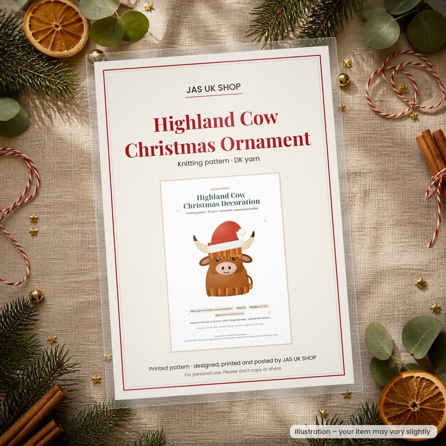 Printed Highland Cow Christmas Ornament Knitting Pattern, DK Paper Pattern