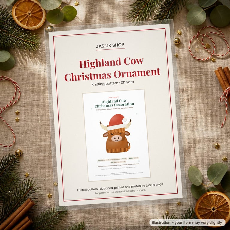 Printed Highland Cow Christmas Ornament Knitting Pattern, DK Paper Pattern