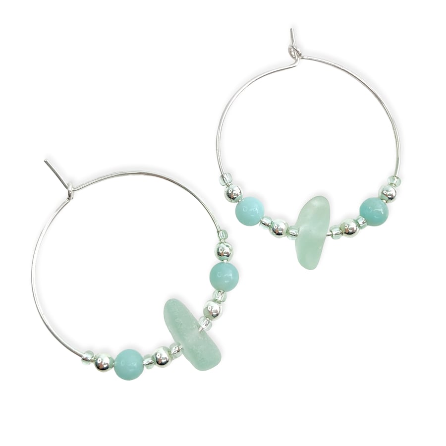 Sea Glass Hoop Earrings. Large Green Sterling Silver Amazonite Beaded Hoops