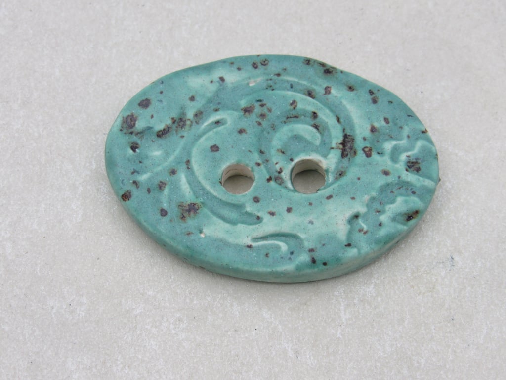 Large Eggshell Blue Brocade Oval Handmade Ceramic Button