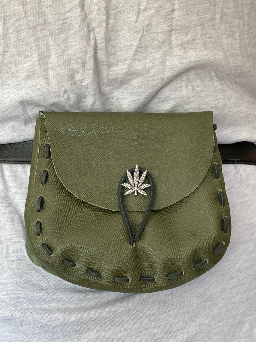 Olive Green ‘slightly’ textured Leather Medieval style Pouch - pot leaf closure