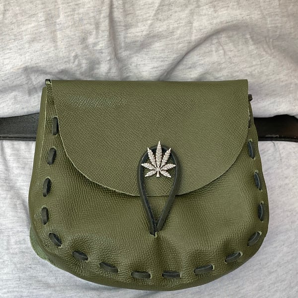 Olive Green ‘slightly’ textured Leather Medieval style Pouch - pot leaf closure