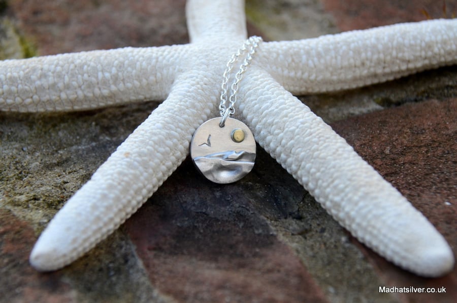 Silver beach, seaside pendant with seagull