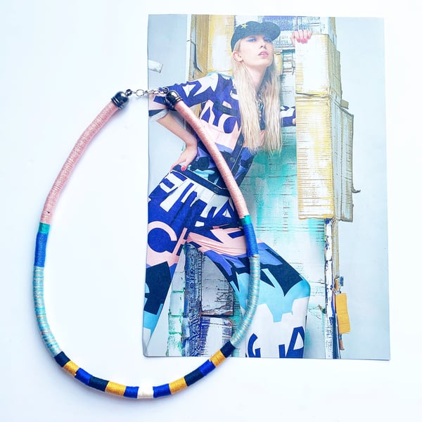 Statement blue striped necklace, Wrapped Cotton Necklace, Sustainable gift ideas