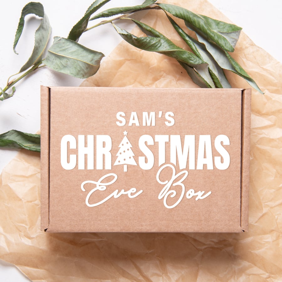 Xmas Eve Box - Bold Text & Tree: Personalised Christmas Eve Box Sticker, Custom
