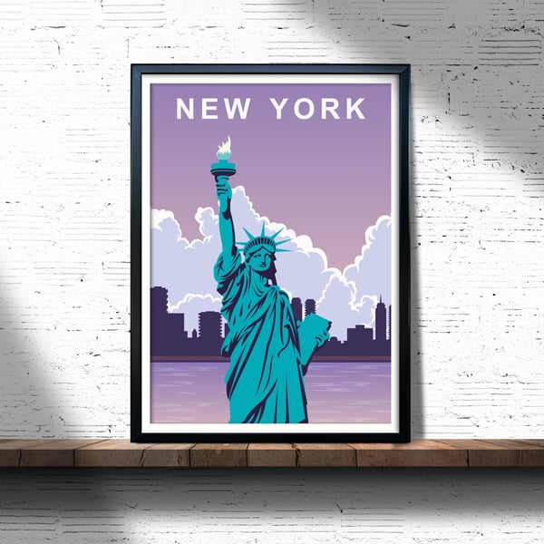 New York retro travel poster, New York city travel print, USA travel art