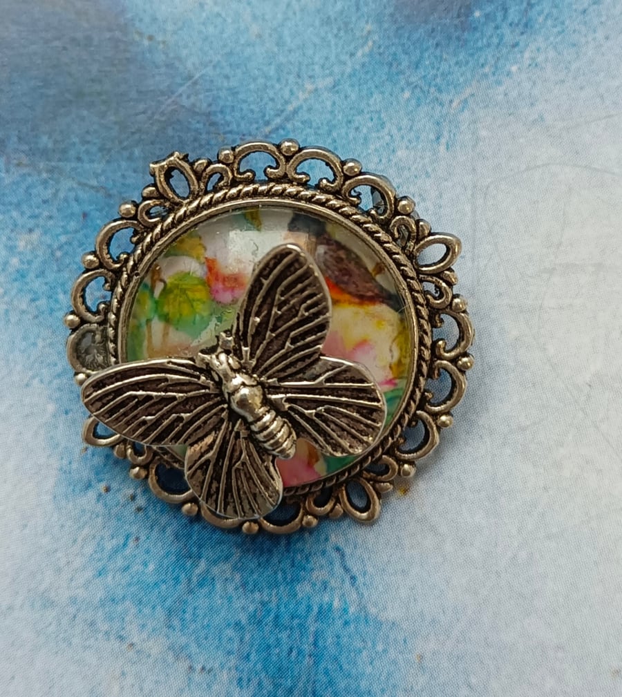 Vintage Floral Cabochon Brooch with Silver Butterfly