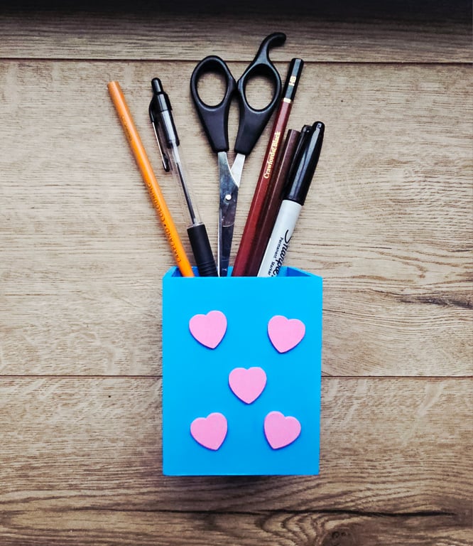 Bright Blue and Pink Hearts Desk Tidy, Pen Pot
