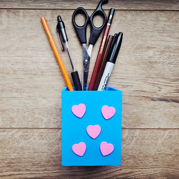 Bright Blue and Pink Hearts Desk Tidy, Pen Pot