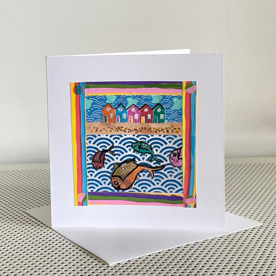 Blank card - handmade collage ‘Beach Huts and Fish No.1’
