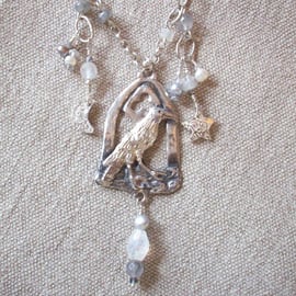 Gormenghast Inspired "Mister Chalk"  White Raven Moonstone Necklace