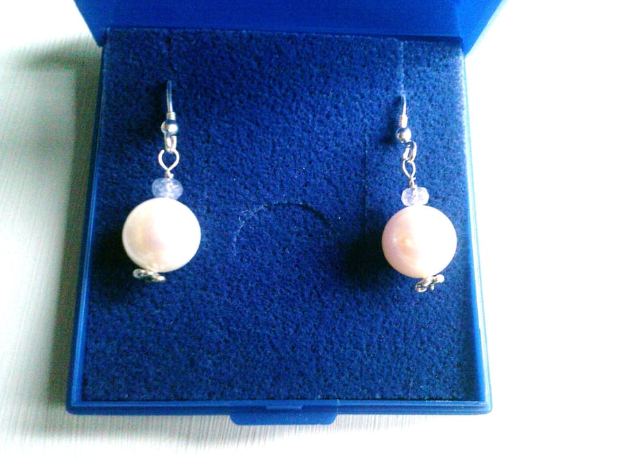 Freshwater Pearl & Tanzanite Sterling Silver Earrings