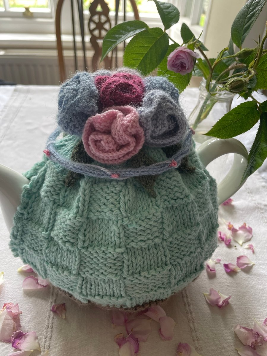 Tea Cosy Hand Knitted using Aran weight  Cotton yarn