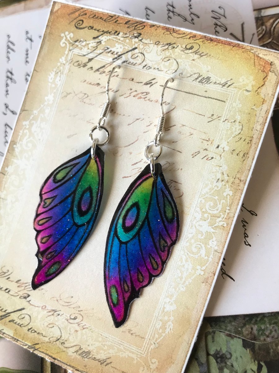 Blue Purple Pink Green and Yellow Fairy wing Earrings Sterling Silver Hooks