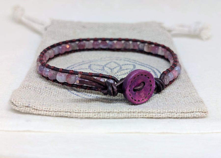Pink tourmaline and leather bracelet, October birthstone