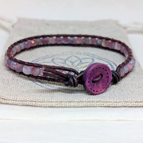 Pink tourmaline and leather bracelet, October birthstone