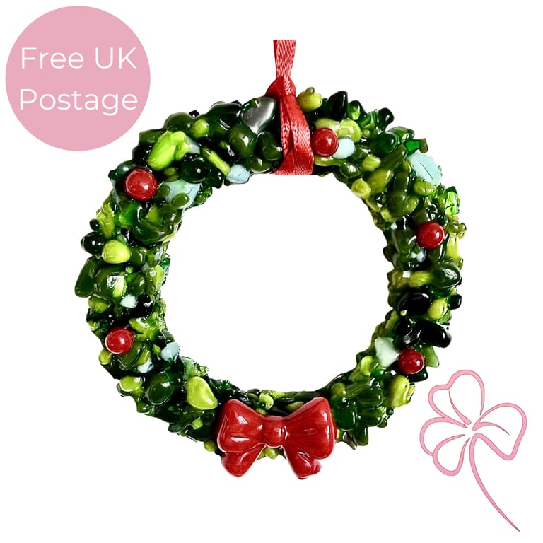 Fused Glass Christmas Wreath Hanging Decoration - Bright Red Bow