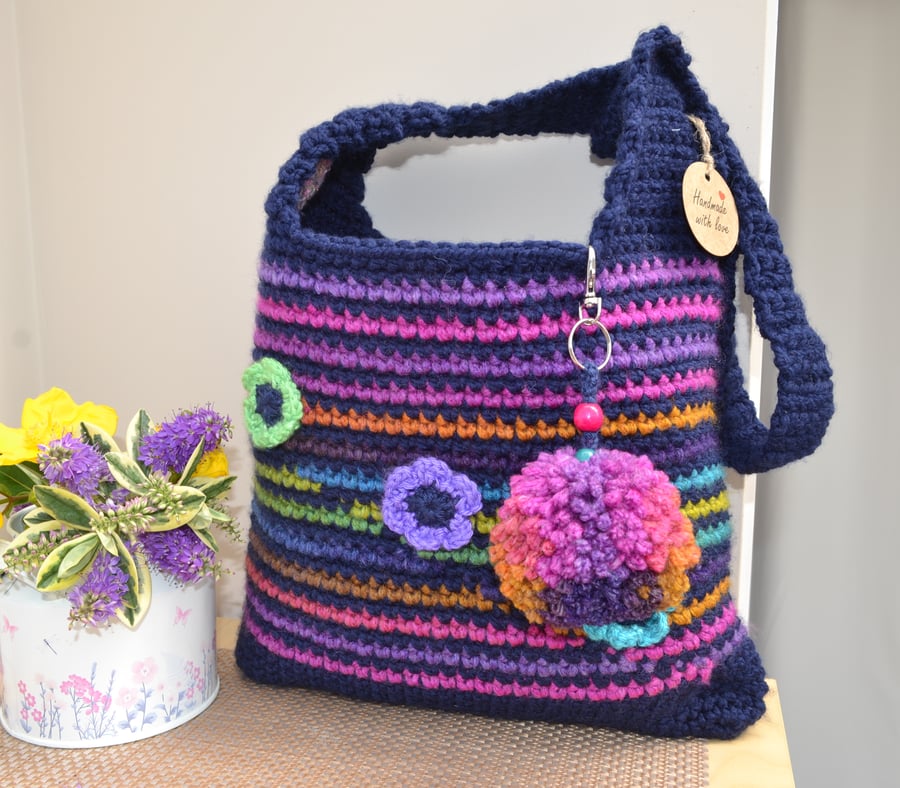 Colourful Navy Stripe Bag With Flowers