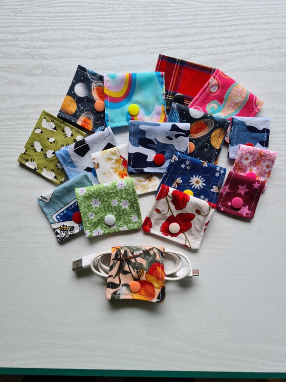 Eco-Friendly Fabric Cable Tidies Set of 5 Made from Offcuts Snap Fastening