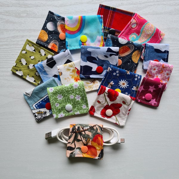 Eco-Friendly Fabric Cable Tidies Set of 5 Made from Offcuts Snap Fastening