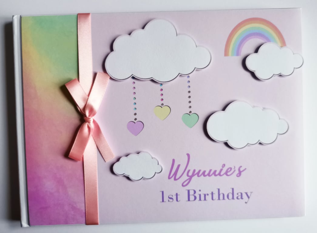Clouds and Rainbow Birthday guest book, birthday party gift
