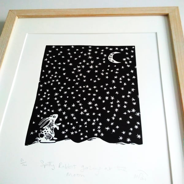 Spotty Rabbit Gazing at the Moon - original lino print