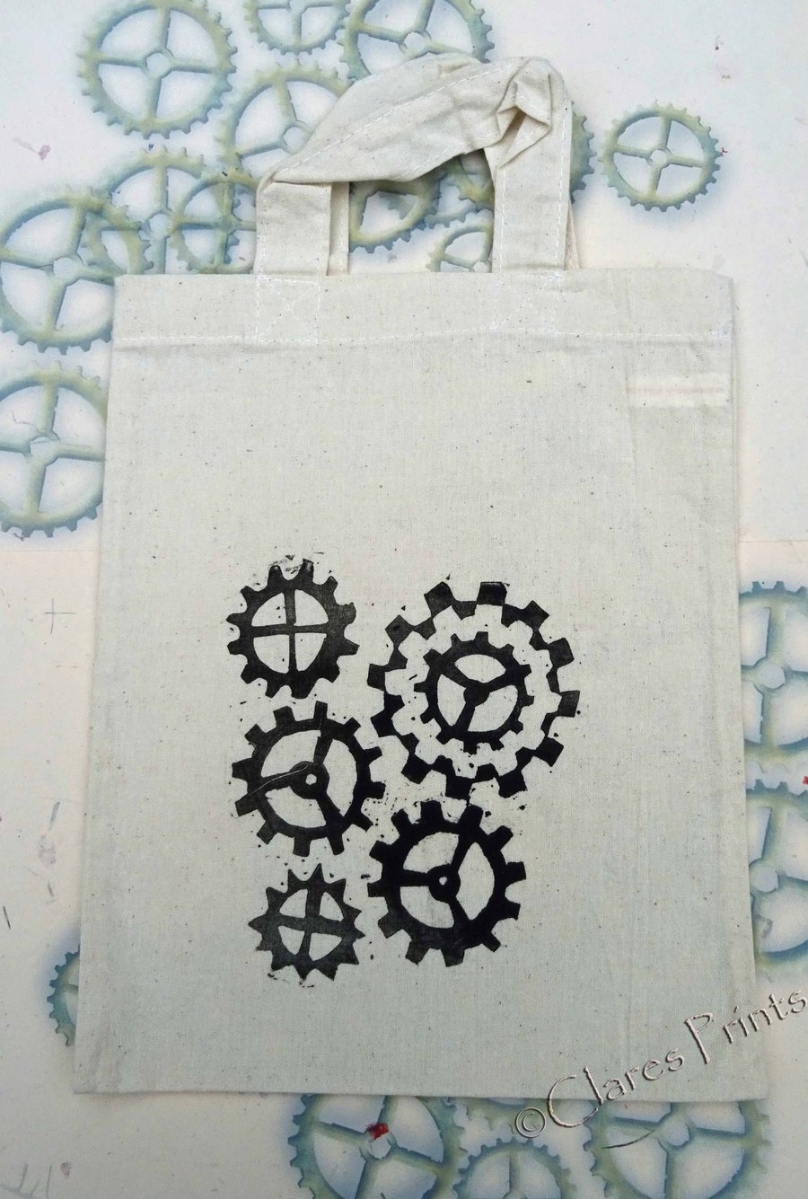 Steampunk Cog Tote Hand Printed Cream Mini Tote Shopping Bag