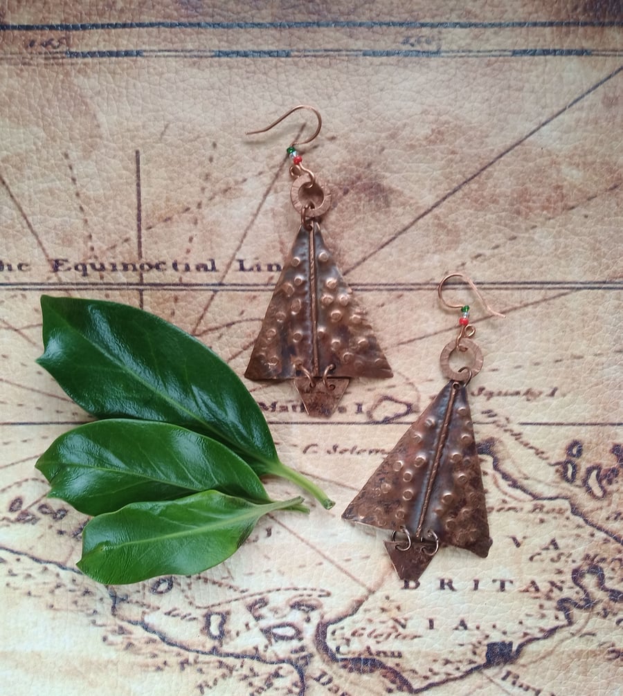  Rustic Copper Fold Form Christmas Tree Earrings