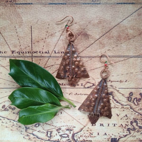  Rustic Copper Fold Form Christmas Tree Earrings
