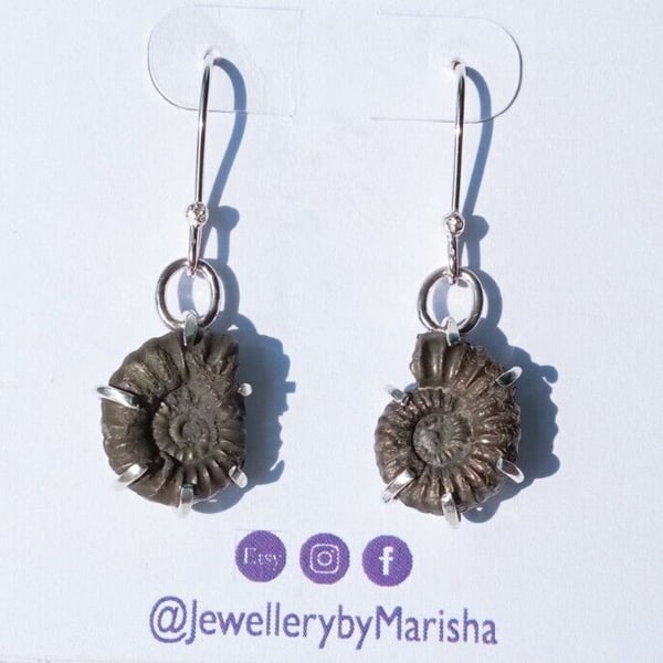 Pyrite Ammonite Fossil Earrings Claw Set in Recycled Sterling Silver Gift Box