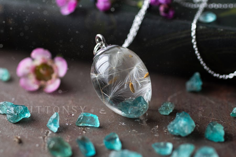 Apatite and Dandelion Wish Necklace Dandelion Seed Necklace Raw Stone Necklace D