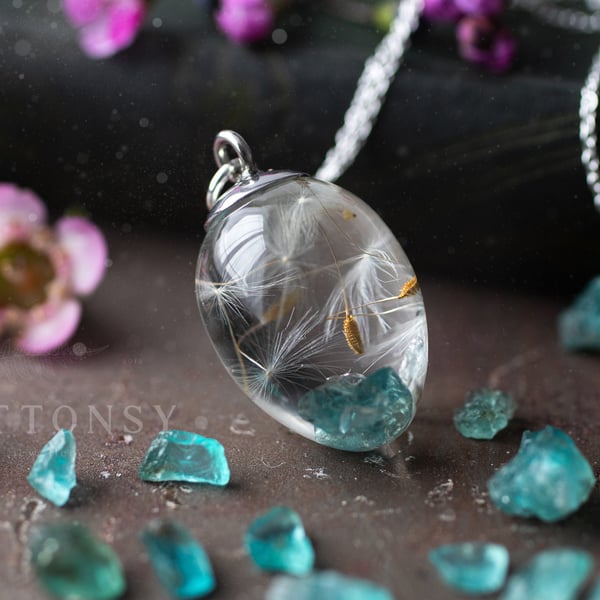 Apatite and Dandelion Wish Necklace Dandelion Seed Necklace Raw Stone Necklace D