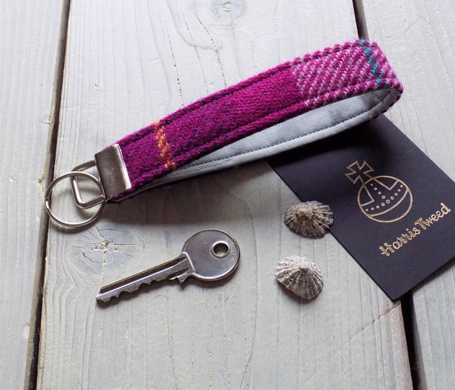 Harris Tweed key fob wrist strap in pink, plum and purple