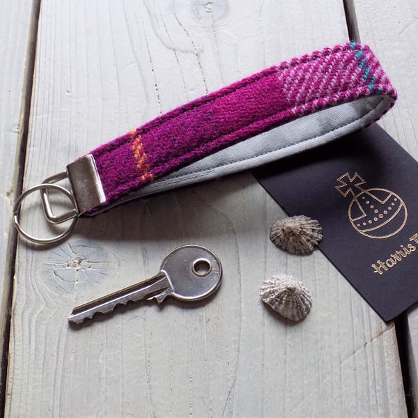 Harris Tweed key fob wrist strap in pink, plum and purple