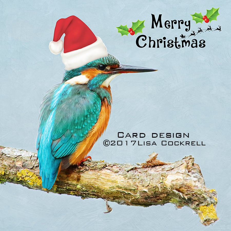 Exclusive Handmade Kingfisher Santa Hat Christmas Card