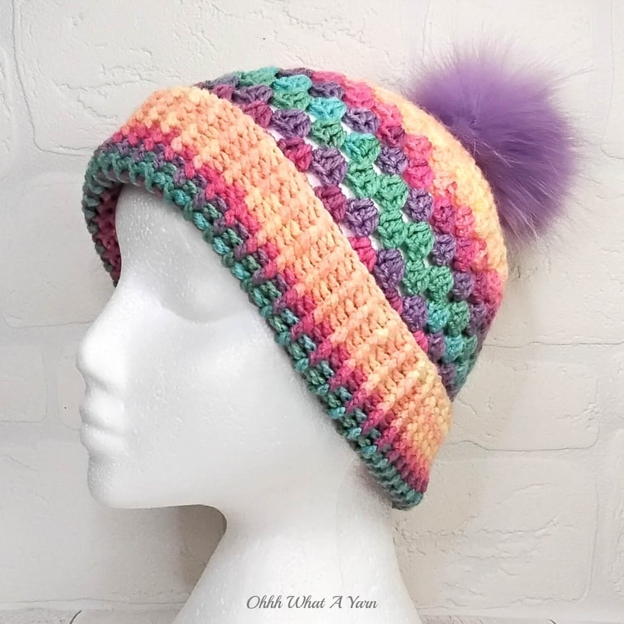 Crochet hat, beanie. Pastel rainbow granny stitch pompom hat. Rainbow beanie hat