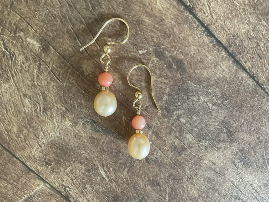Freshwater pearl and Mother of pearl Gold filled dainty drop earrings