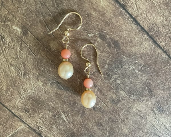 Freshwater pearl and Mother of pearl Gold filled dainty drop earrings