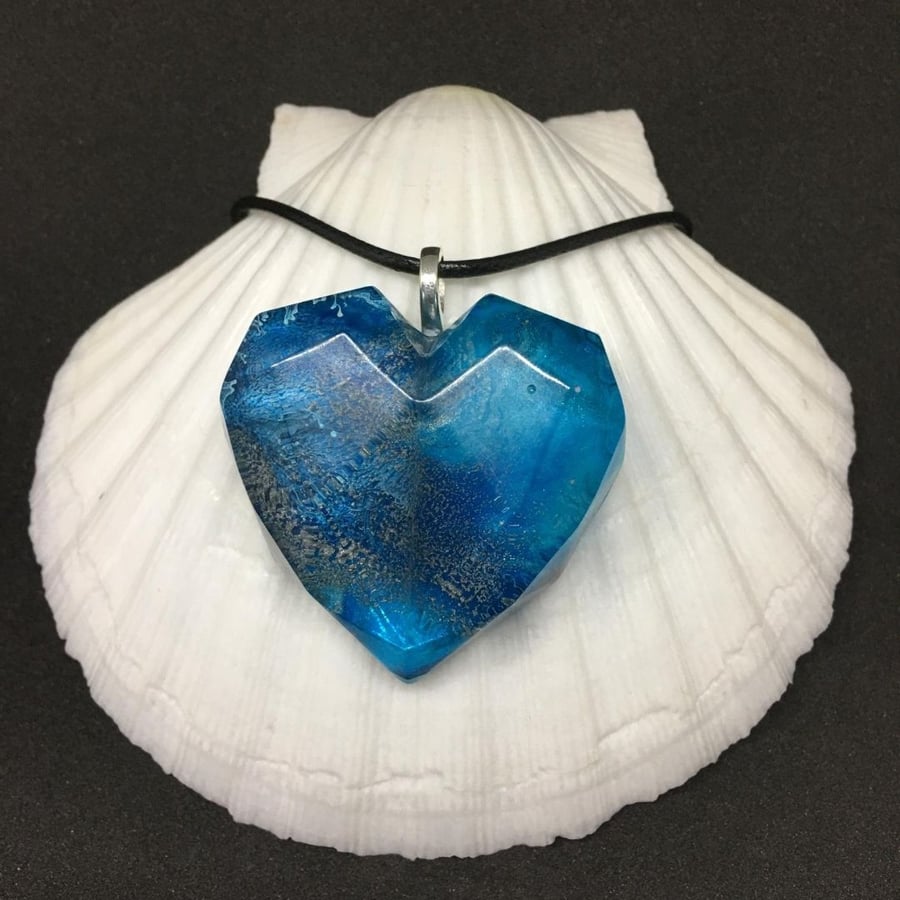 Turquoise blue and silver heart pendant, resin and ink with necklace.