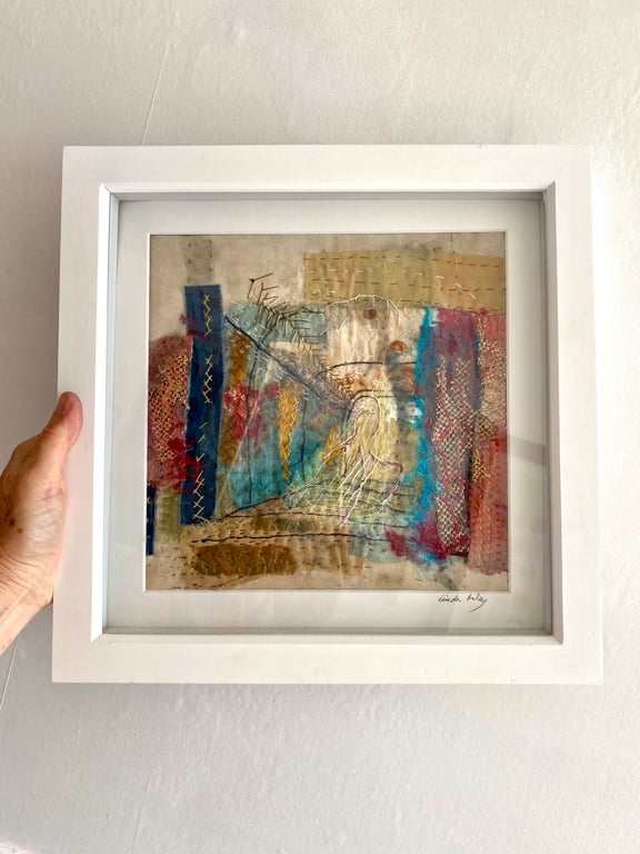 Ghostly Dancer in the Spotlight, hand embroidered abstract textile art 